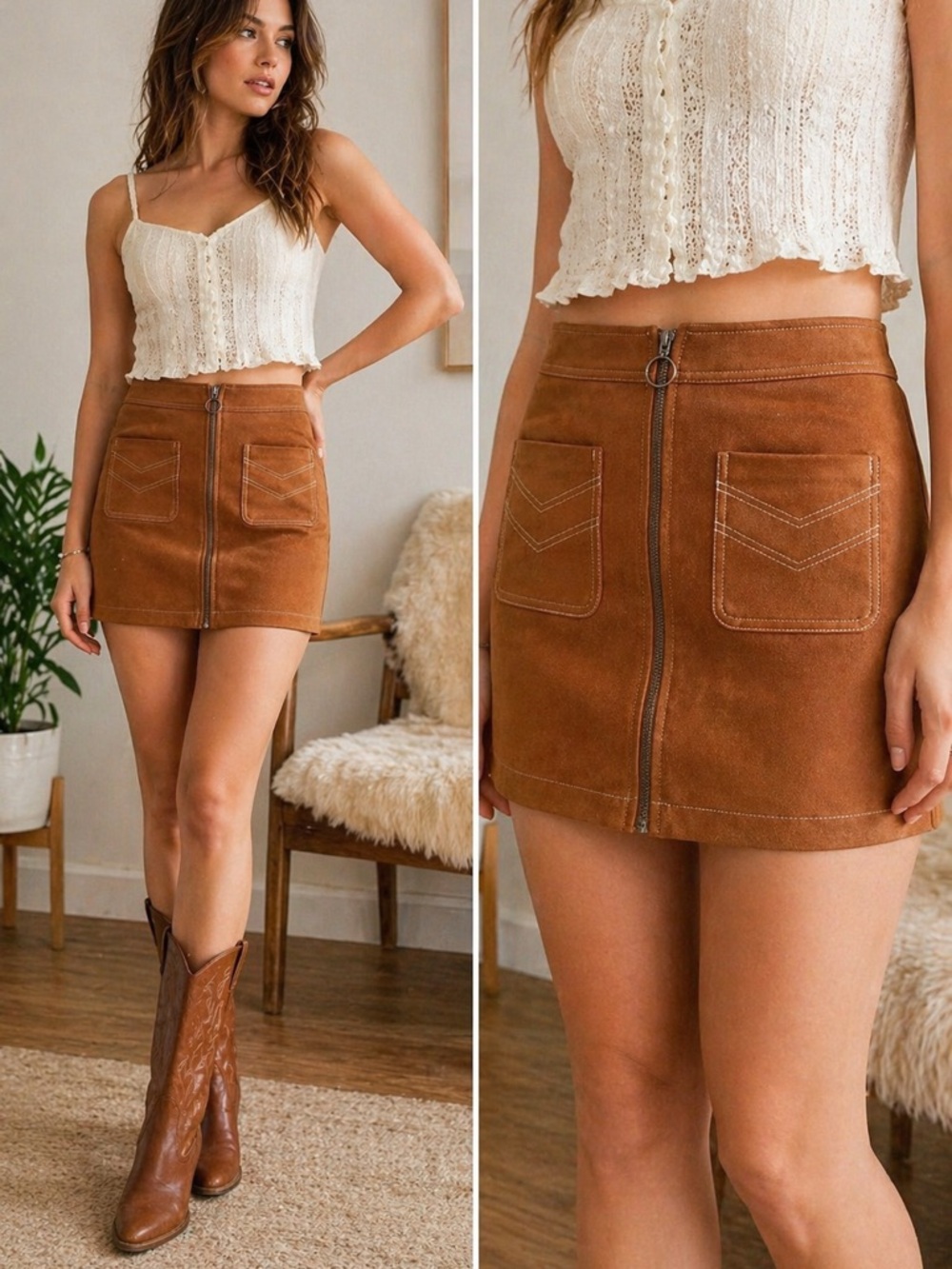 ModCloth Faux Suede Mini Skirt Brown Front Zip Retro 70s Size 6